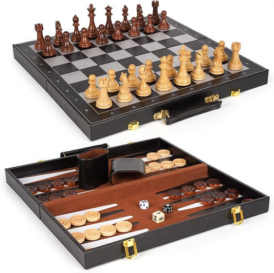 Chess Checkers Backgammon Set 3-in-1 Board Games Sets by Agirlgle
