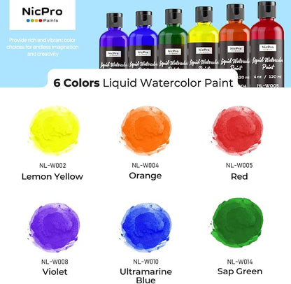 Nicpro 6 Colors Liquid Watercolor Paint Set, 4oz Liquid Watercolor Paint - Image 2