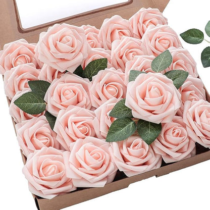 Floroom Artificial Flowers 25pcs Real Looking Blush Foam Fake Roses by Floroom