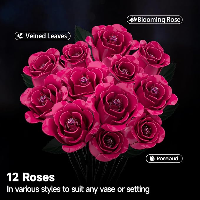 12 Everlasting Roses Bouquet Building Set, Gothic-Style Botanical Diary Series - Image 3