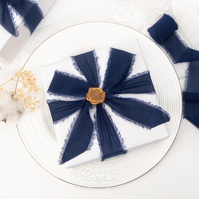 Ribbli Navy Chiffon Ribbon 1-1/2 inch x 20 Yard Handmade Fringe Chiffon Silk - Image 2