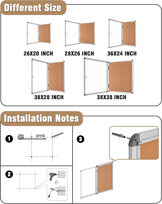26"x20" Enclosed Bulletin Board, Lockable Weather-Resistant Aluminum Cork - Image 4