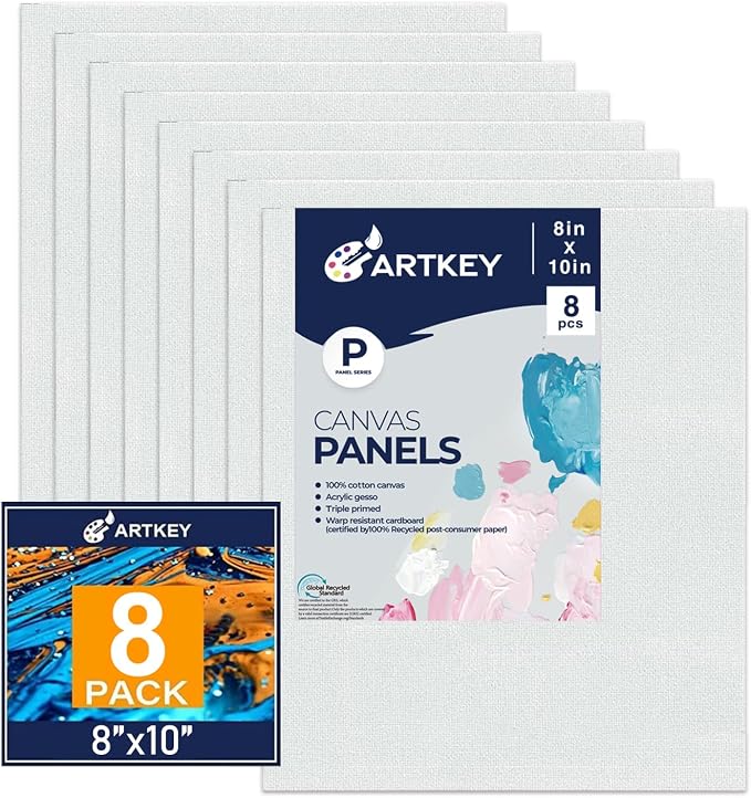 Artkey Canvases for Painting, 8x10 Inch 8-Pack, 10 oz Primed 100% Cotton White by Artkey
