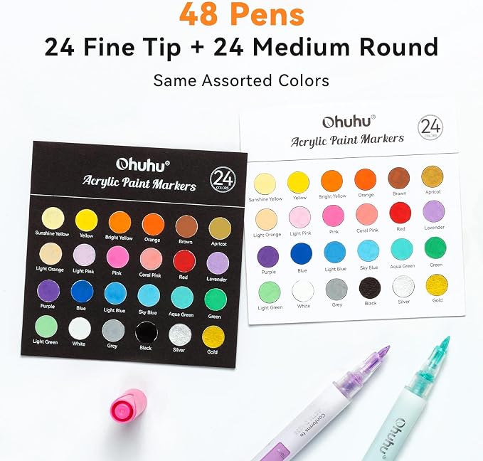 Ohuhu Acrylic Paint Markers, 48 Paint Pens Set of 24 Fine & 24 Round Tip in - Image 2