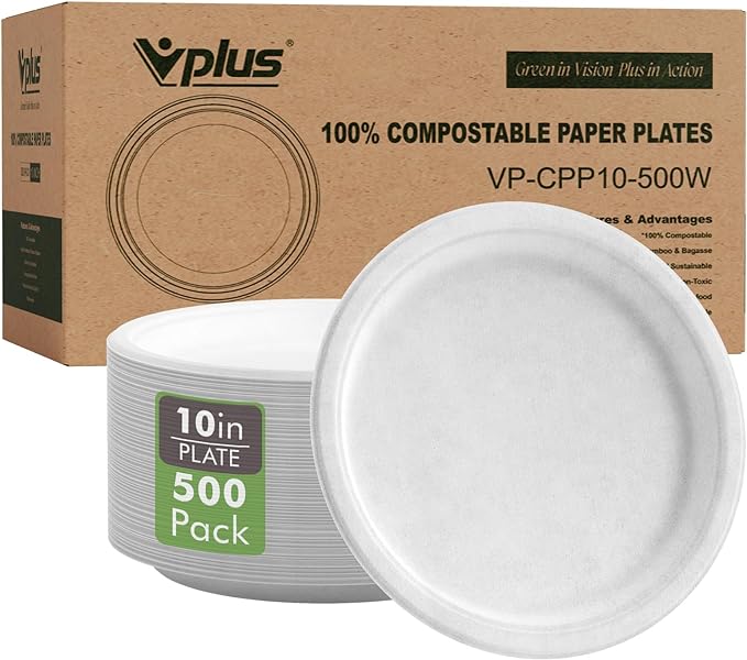 Vplus 500 Pack Compostable Disposable Paper Plates 10.25 inch Super Strong by Vplus