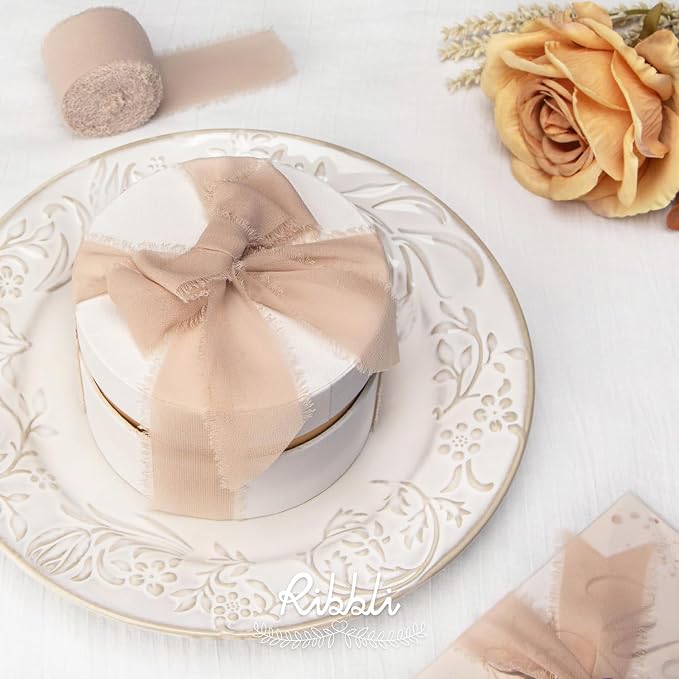 Ribbli Chiffon Silk Ribbon, 1.5 inch x 30 Yard, Cream/Champagne/Beige Fringe - Image 6