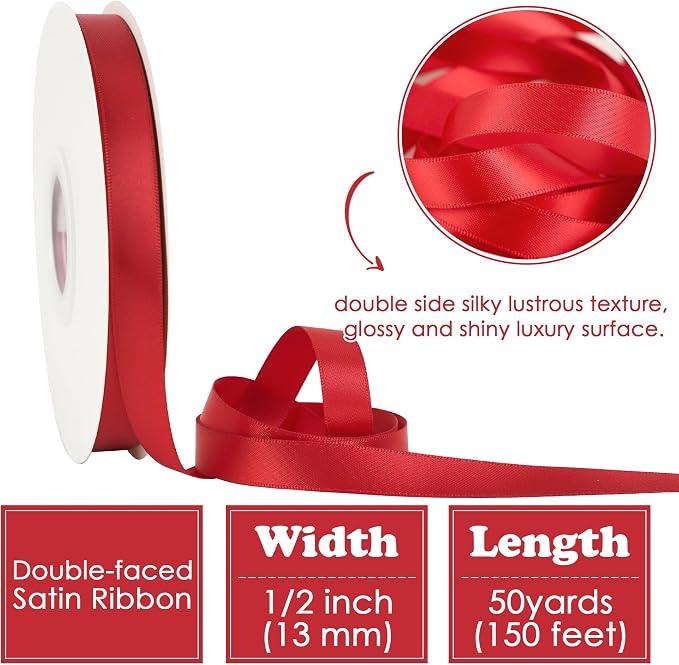 HUIHUANG Red Satin Ribbon 1/2 inch X 50 Yards Continuous, DIY Crafts, Flower - Image 2