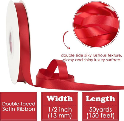 HUIHUANG Red Satin Ribbon 1/2 inch X 50 Yards Continuous, DIY Crafts, Flower - Image 2