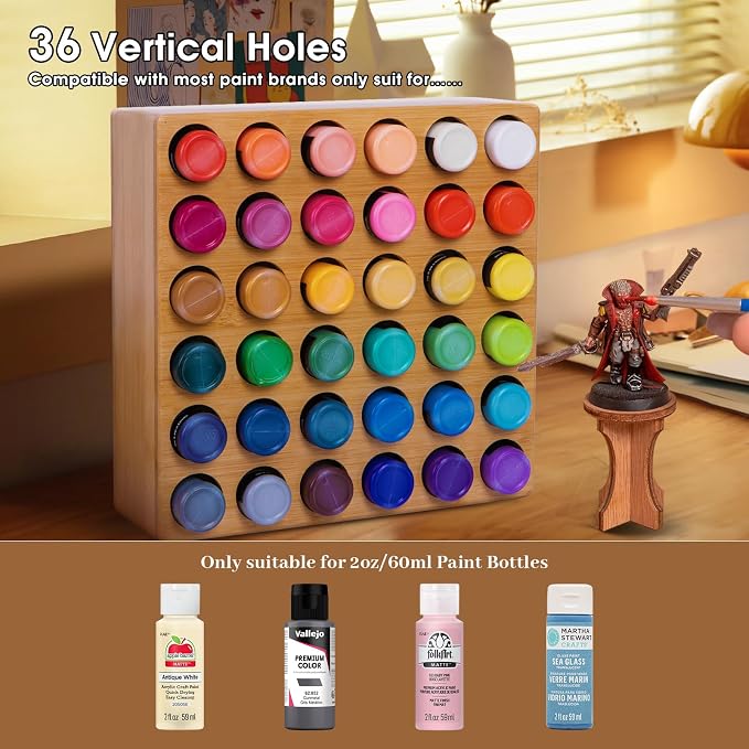 Bamboo Craft Paint Storage Organizer, 36-Hole Vertical Paint Rack Stand - Image 3