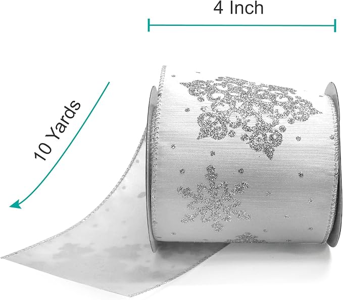 CT CRAFT LLC White Satin with Silver Snowflake Wired Ribbon 4 Inch x 10 Yards - Image 2