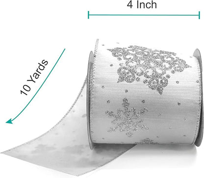 CT CRAFT LLC White Satin with Silver Snowflake Wired Ribbon 4 Inch x 10 Yards - Image 2