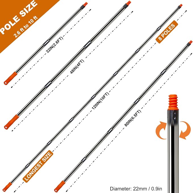 8 PCS Total 10 Ft Extension Pole, Paint Roller Stainless-Steel Threaded - Image 2