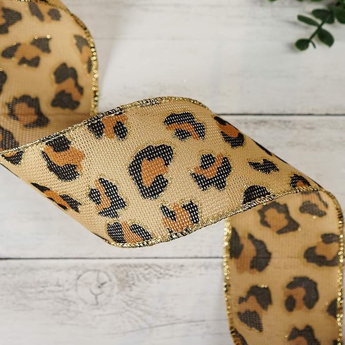 CT CRAFT LLC Burlap Leopard Fabric Wired Ribbon 2.5" x 10 Yards Natural - Image 4