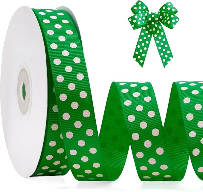 Polka Dot Grosgrain Ribbon 3/4 Inch, 25 Yards Spool Green and White Polka Dot by FAKILO