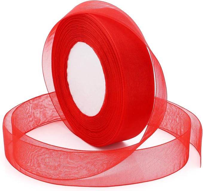 Red Ribbon for Gift Wrapping, 1 inch 50Yard Sheer Organza Tulle Ribbon for by Sentoyou