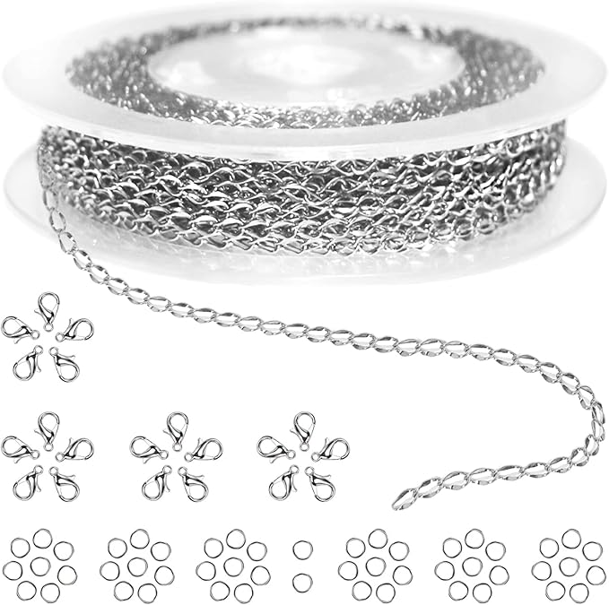Jishi 33ft Twisted Cable Chain 2mm Silver Stainless Steel Link Chain, Jewelry by Jishi