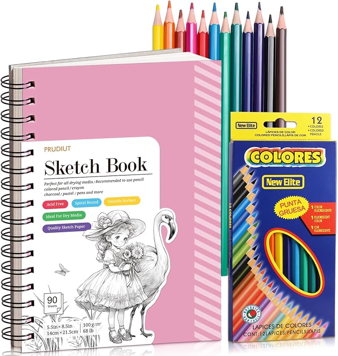 Sketch Book with 12 Color Pencil Set, 90 Sheets Spiral Sketchbook by Prudiut