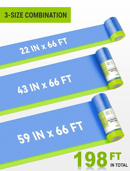 Pre-Taped Masking Film for Painting, 59/43/ 22 in * 66 FT, 3-Rolls Painters - Image 2
