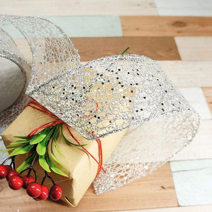 CT CRAFT LLC Sparkling Glitter Mesh Wired Ribbon 2.5" x 10 Yards Silver - Image 5