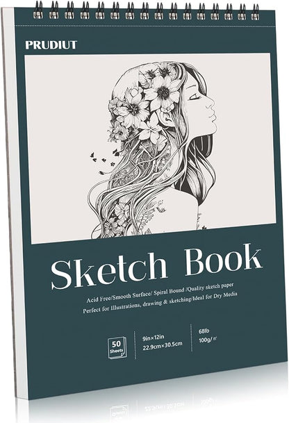 Sketch Book 9×12 inch, Spiral Bound Sketch Pad 50 Sheets, Acid-Free Sketchbook by Prudiut