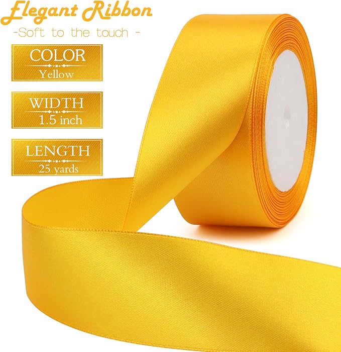 Yellow Solid Satin Ribbon 1-1/2 Inch 25 Yards Solid Polyester Fabric Ribbon - Image 2
