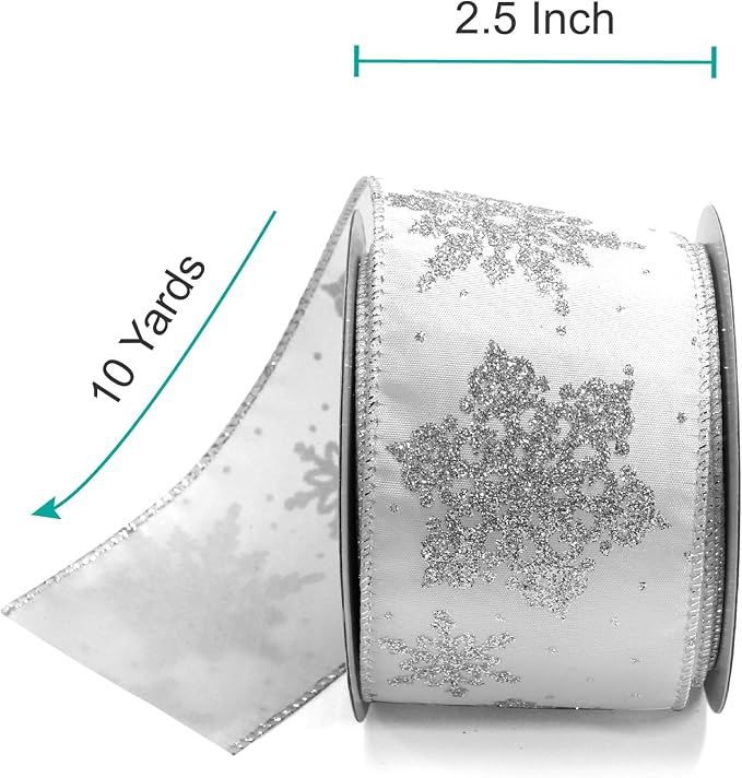 CT CRAFT LLC White Satin with Silver Snowflake Wired Ribbon 2.5 Inch x 10 Yards - Image 2