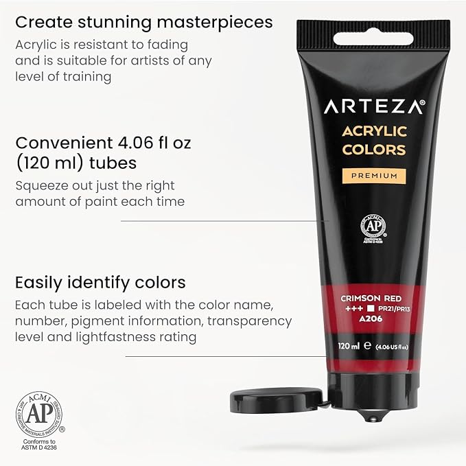 ARTEZA Acrylic Paint Set of 14 Colors, 4.06 Ounce Tubes, Non-Toxic Acrylic - Image 3