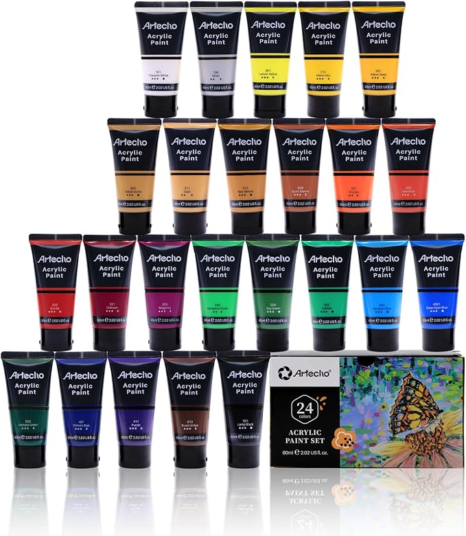Artecho Professional Acrylic Paint Set, 24 Basic Colors Tubes Art Craft Paints by Artecho