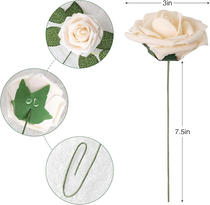 AmyHomie Artificial Flowers Champagne Rose 50pcs Real Looking Fake Roses w/Stem - Image 7