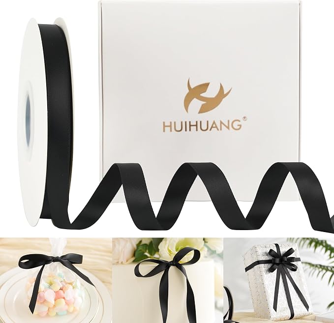 HUIHUANG Black Satin Ribbon 1/2 inch X 50 Yards Continuous, DIY Crafts by HUIHUANG