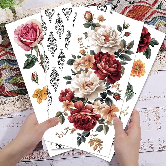 GLOBLELAND 4 Sheets Vintage Peony Flowers Transfer 11.8x5.9inch Flower - Image 3