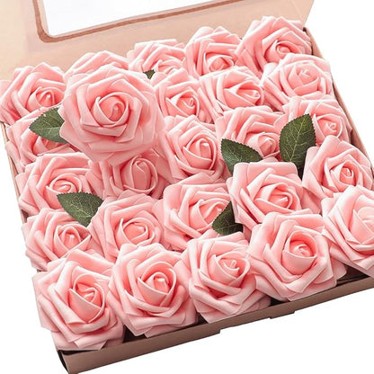 Floroom Artificial Flowers 25pcs Realistic Peach Pink Foam Fake Roses by Floroom