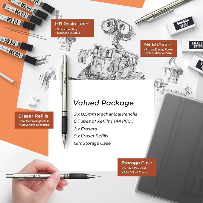 Nicpro 0.7 mm Art Mechanical Pencil Set in Storage Case, 3 Erasers - Image 4