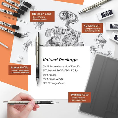 Nicpro 0.7 mm Art Mechanical Pencil Set in Storage Case, 3 Erasers - Image 4