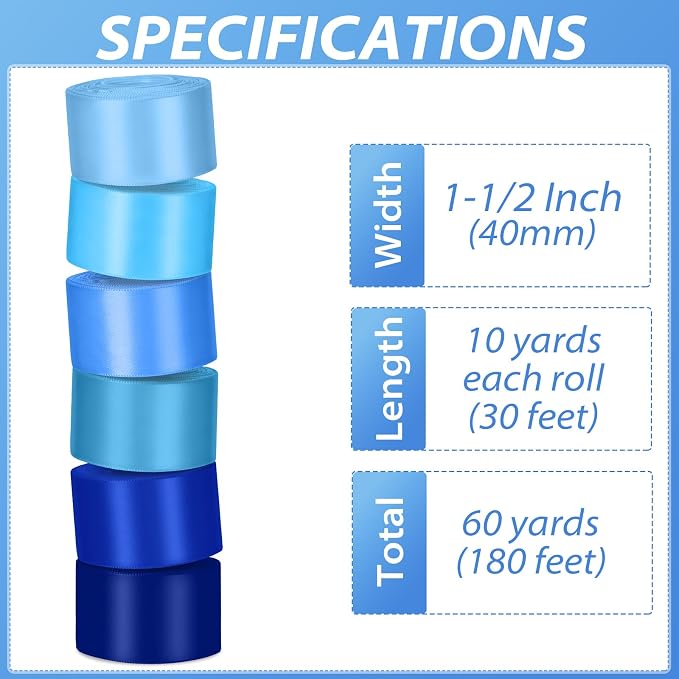 1-1/2 Inch Blue Satin Ribbons for Crafts, 6 Rolls Single-Faced Blue Assorted - Image 2
