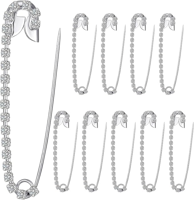 Housweety 10 Silver Tone Rhinestone Safety Pins Brooches 5.8x1.2cm by HOUSWEETY