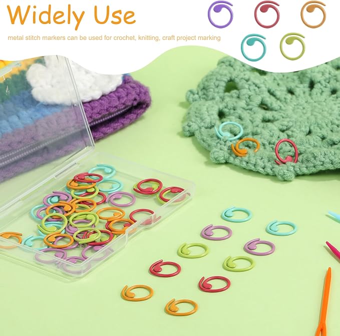 Lokunn 50 Pcs Metal Stitch Markers, 5 Color Helical-Shaped Crochet Markers Ring - Image 4