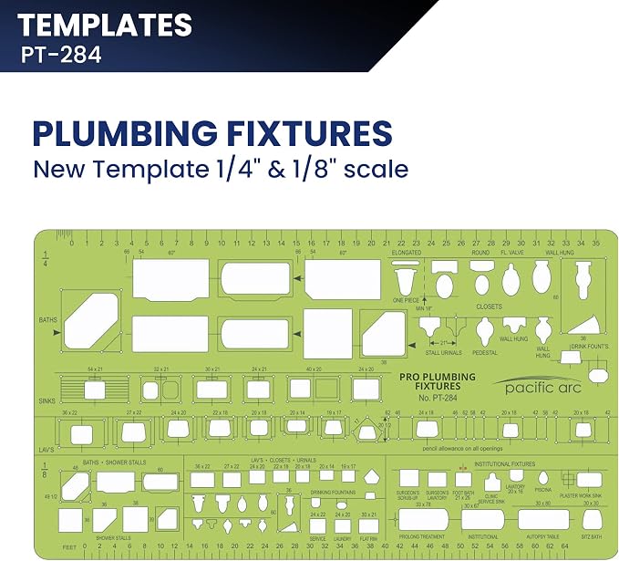 Pacific Arc, Plumbing Fixtures Template, 1/4 & 1/8 Scale. Drawing aid Stencil - Image 2
