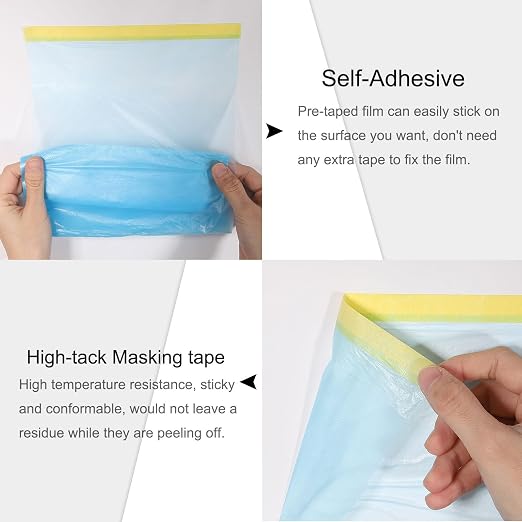 uxcell Pre-Taped Masking Film, 1.8ft x 66ft Plastic Paint Drop Cloth - Image 3