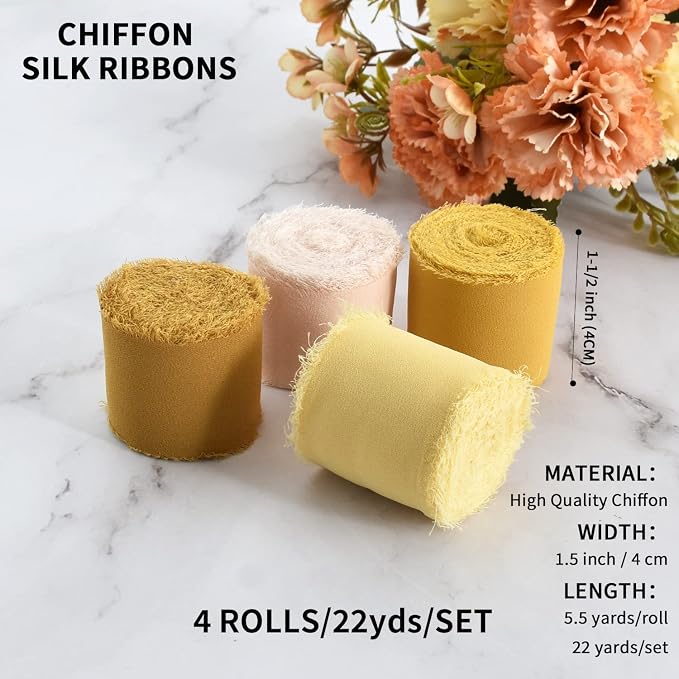 TONIFUL 4 Rolls Silk Chiffon Ribbon, 1-1/2 Inch x 22yds, Handmade Fringe Silk - Image 2