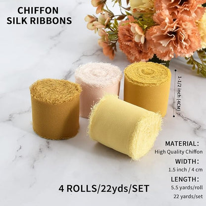 TONIFUL 4 Rolls Silk Chiffon Ribbon, 1-1/2 Inch x 22yds, Handmade Fringe Silk - Image 2