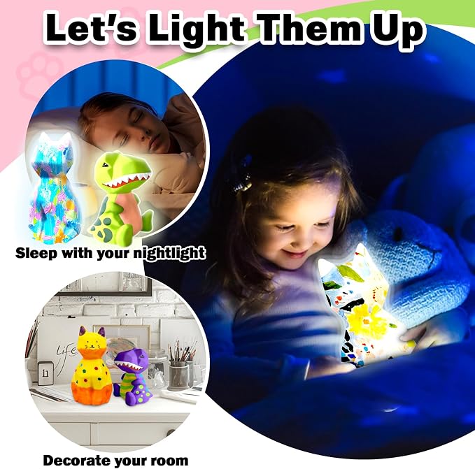 FUNZBO 2Pcs Paint Your Own Dinosaur & Cat Lamp - Image 4