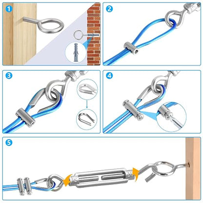 Turnbuckles for Cables Wire, 1/8" X 100Ft Blue PVC Coated Wire Rope Kit - Image 5