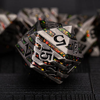Anitque Metal Dice D&D, Metal Glitter Stripe Dice 7pcs Set by Maywin