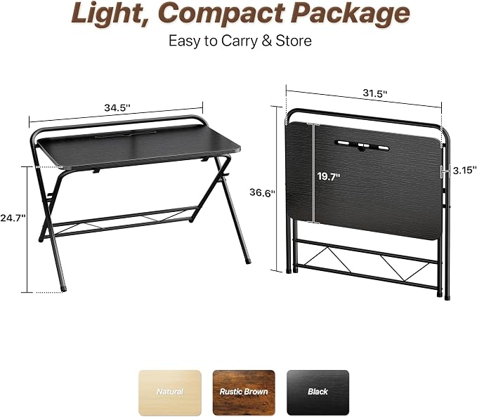 Huuger Folding Desk with 3-Level Adjustable Height and Tablet Slot, 32 Inch - Image 2