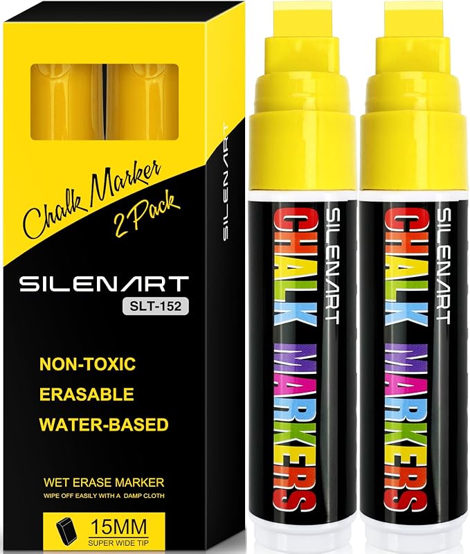 SILENART Yellow Chalk Markers 2 Pack - 15mm Super Wide Tip - White Dry Erase by SILENART-THEARTOFSILENCE