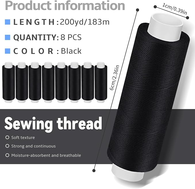 Bupete 8 Rolls Black Thread for Sewing, 200 Yards Each Roll Sewing Thread - Image 2