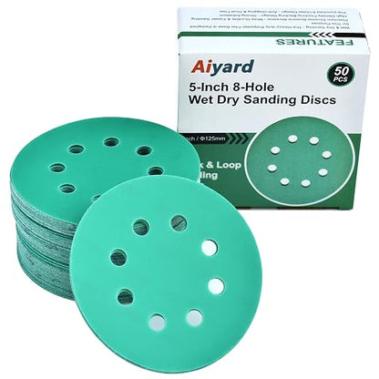 5-Inch 8-Hole Wet Dry Sanding Discs 400 Grit, Polyester Film Backed Heavy-Duty by Aiyard