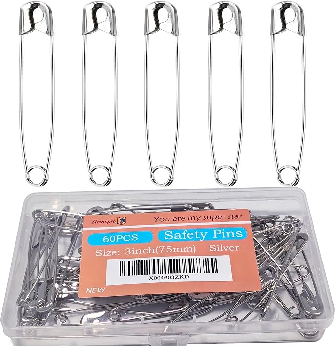 60PCS-3Inch Large Silver Safety Pins, Rust-Resistant Nickel Plated Steel by Urmspst