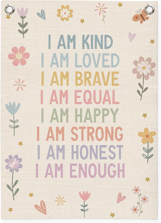 Affirmations Wall Hanging Art for Kids, Flower Wall Art I Am Kind Linen Canvas by Unknown